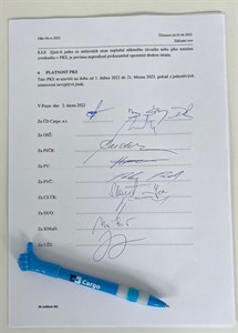 Stránka s podpisy PKS ČD Cargo, a.s.